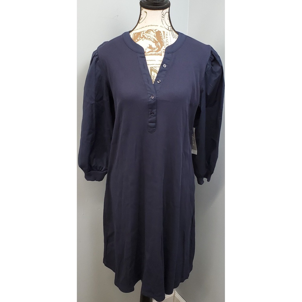 Chico's Ribbed Shift Dress Womens 12 Classic Blue Stretch Bow Sleeve Henley Neck